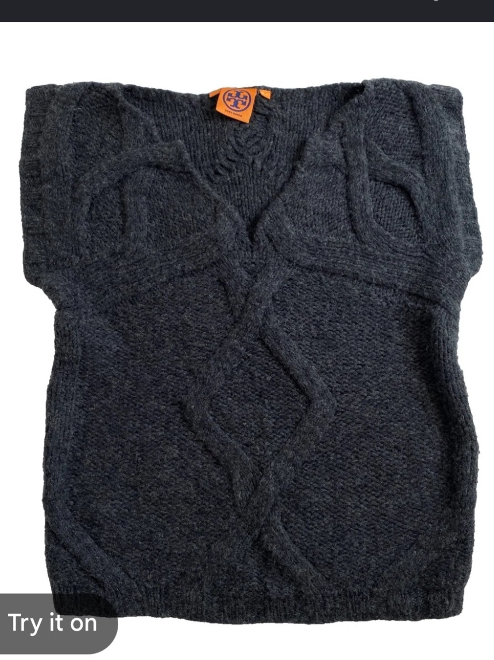 Tory Burch Charcoal Cable-Knit V-Neck Sweater Vest alpaca and wool blend medium